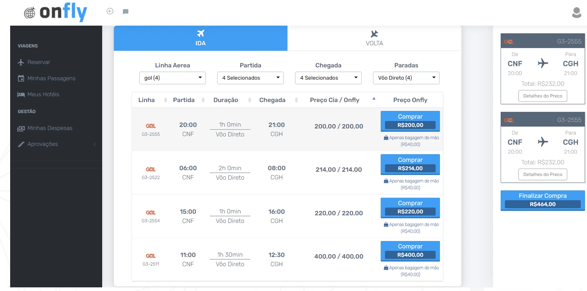 primeira versão do sistema onfly