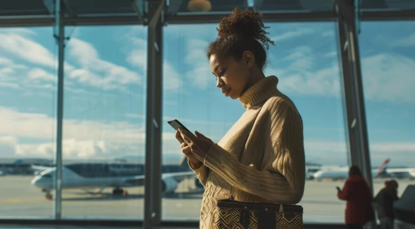 passageiro consultando passagem aérea com CNPJ pelo celular no aeroporto