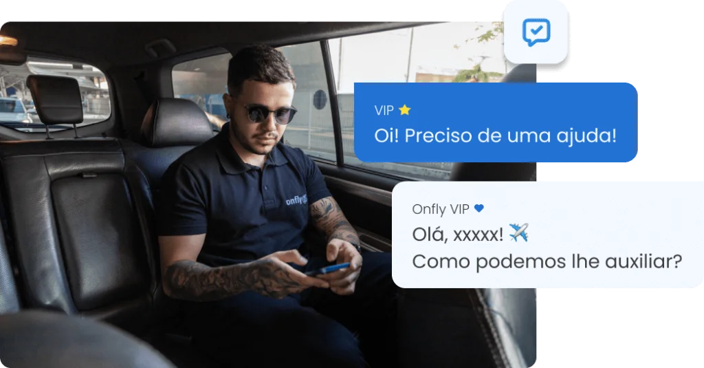 Atendimento VIP personalizado da Onfly em veículo corporativo