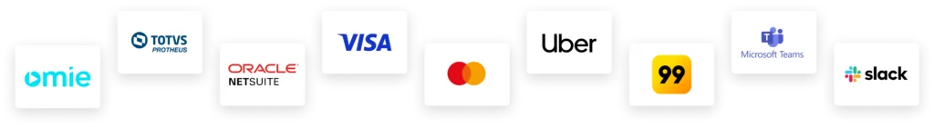 Logos de sistemas e empresas que integram com a Onfly, incluindo Omie, TOTVS, Visa, Oracle, Santander, Uber, e Slack.