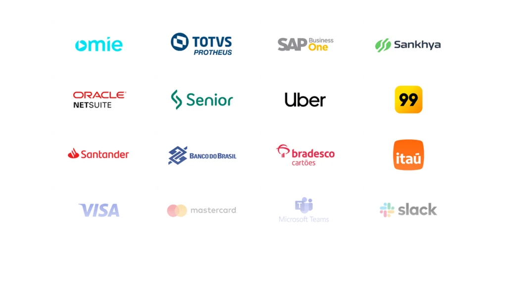 Logos de sistemas e empresas que integram com a Onfly, incluindo Omie, TOTVS, Visa, Oracle, Santander, Uber, e Slack.