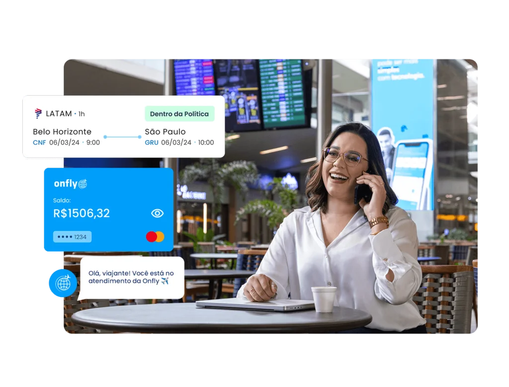 Mulher em aeroporto acompanhando as próximas viagens corporativas na plataforma Onfly