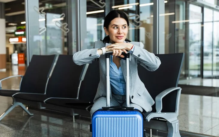 mulher no aeroporto em viagem a trabalho no final de semana